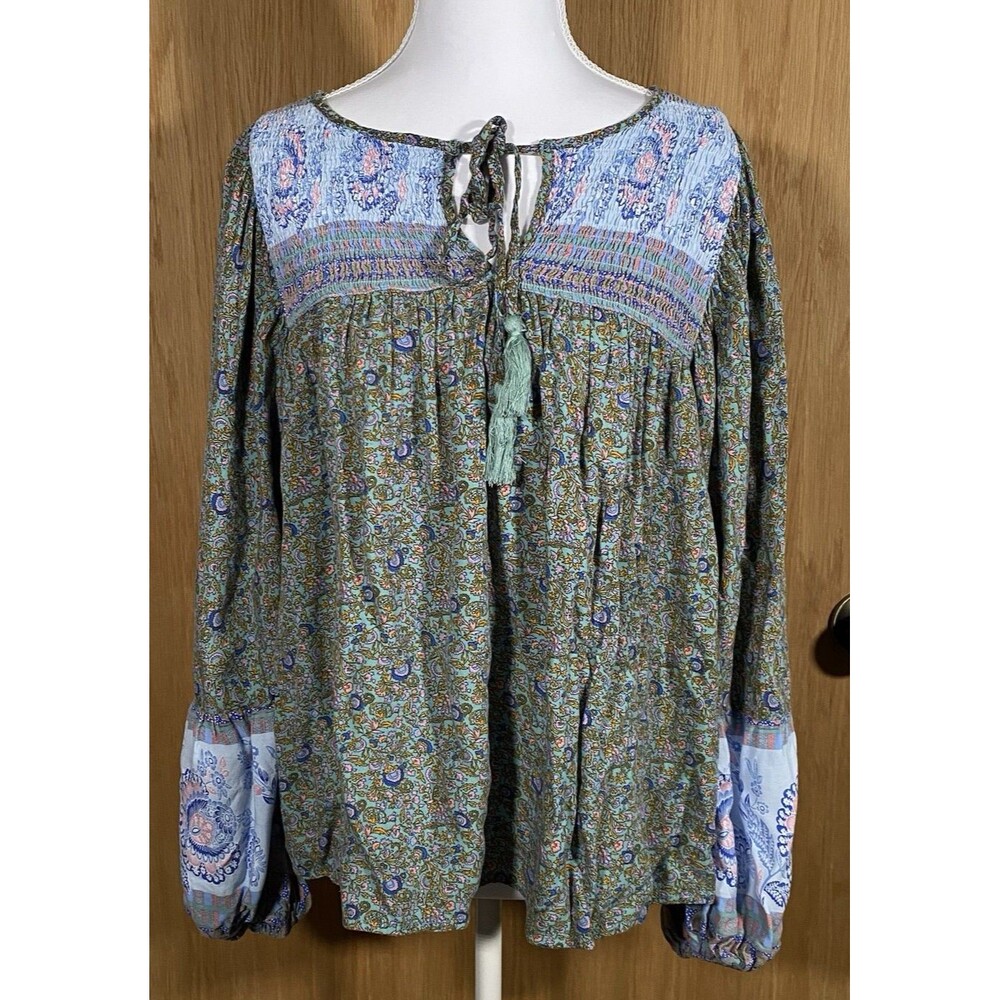 Women's M Boho Top Mixed Media Long Sleeve Flowy Peasant Cottage Tassels Paisley